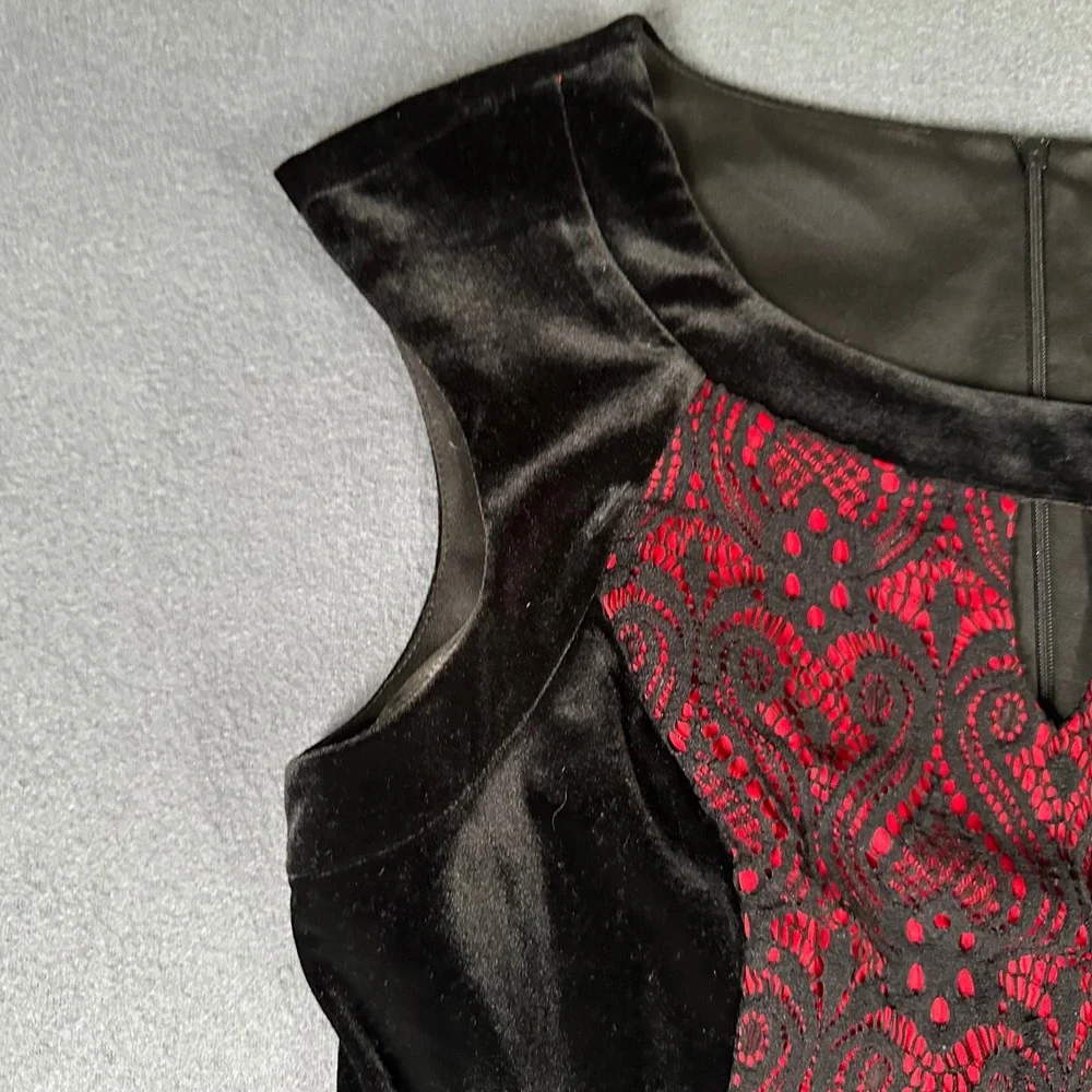 Connected Apparel Dress Womens 8P Black Velvet Red Lace Sheath Party Career - Picture 7 of 16